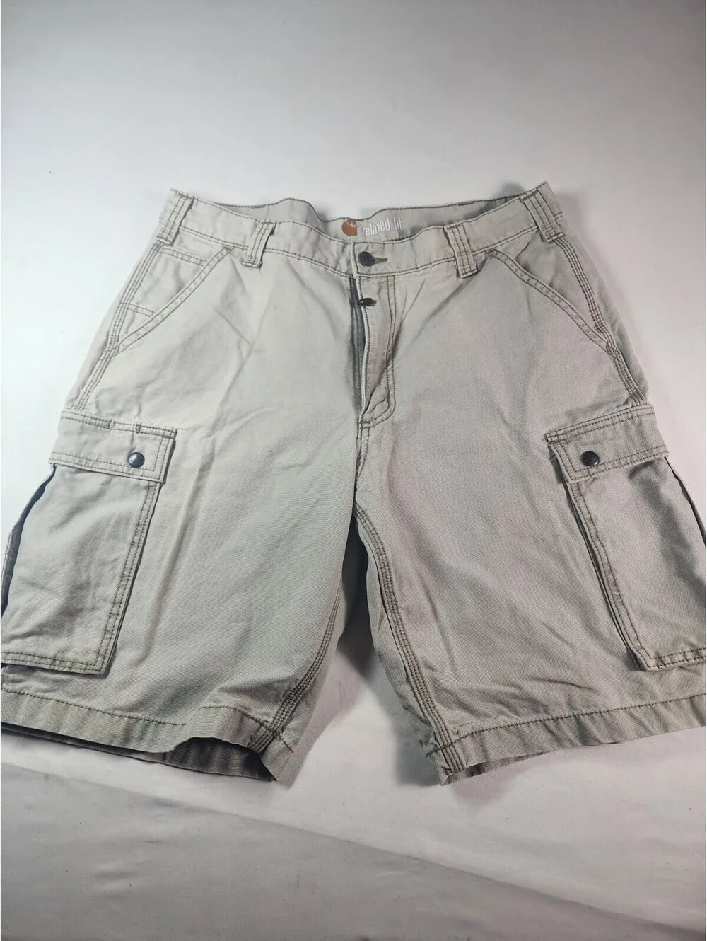 Carhartt Men's Khaki Cargo Shorts, Size 36, with Button Pockets and Relaxed Fit